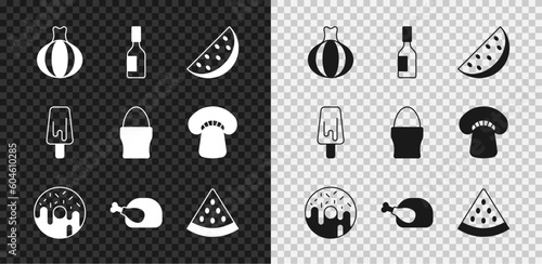 Set Onion, Tabasco sauce, Watermelon, Donut, Roasted turkey or chicken, Ice cream and Chicken egg stand icon. Vector