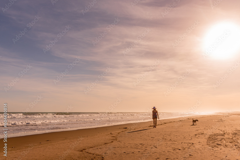 Woman walking with her dog on the beach.