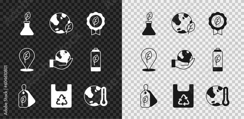Set Plant breeding, Earth globe and leaf, Leaf Eco symbol, Tag with, Shopping bag recycle, melting to global warming, Location and Hand holding icon. Vector