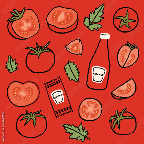 hand drawn tomato ketchup sauce pattern background vector illustration. Seamless red background wallpaper texture with leaf, ketchup bottle, tomato, ketchup packet