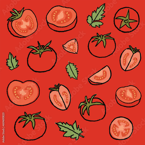 collection of hand drawn tomato pattern background vector illustration. Seamless red background wallpaper texture with tomatoes, and leaf