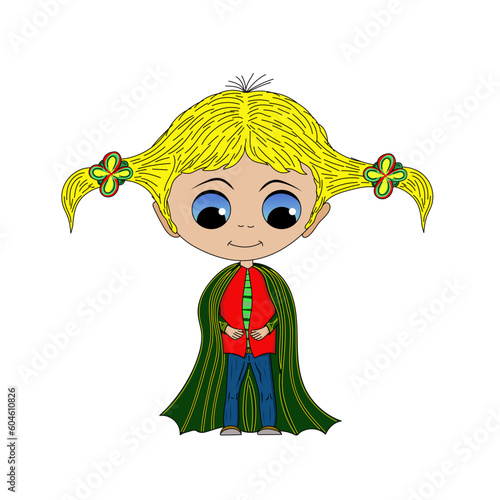 girl with green cape and gold trim, blond hair with pigtails