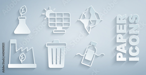 Set Trash can, Iceberg, Plant recycling garbage, The problem of pollution, Solar energy panel and breeding icon. Vector