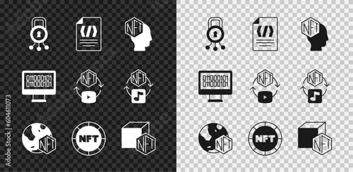 Set Cyber security, Binary code, NFT Digital crypto art, and icon. Vector
