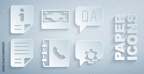 Set Phone book, Question and Answer, File document, Telephone 24 hours support, Stacks paper money cash and Information icon. Vector