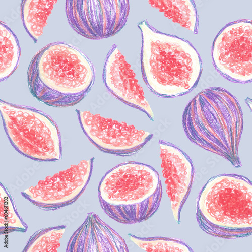 Hand drawn seamless pattern with purple violet ripe appetizing sweet fig fruits as summer food background.Bright tropical fruit isolated on blue,design, wallpaper,textile, wrapping paper