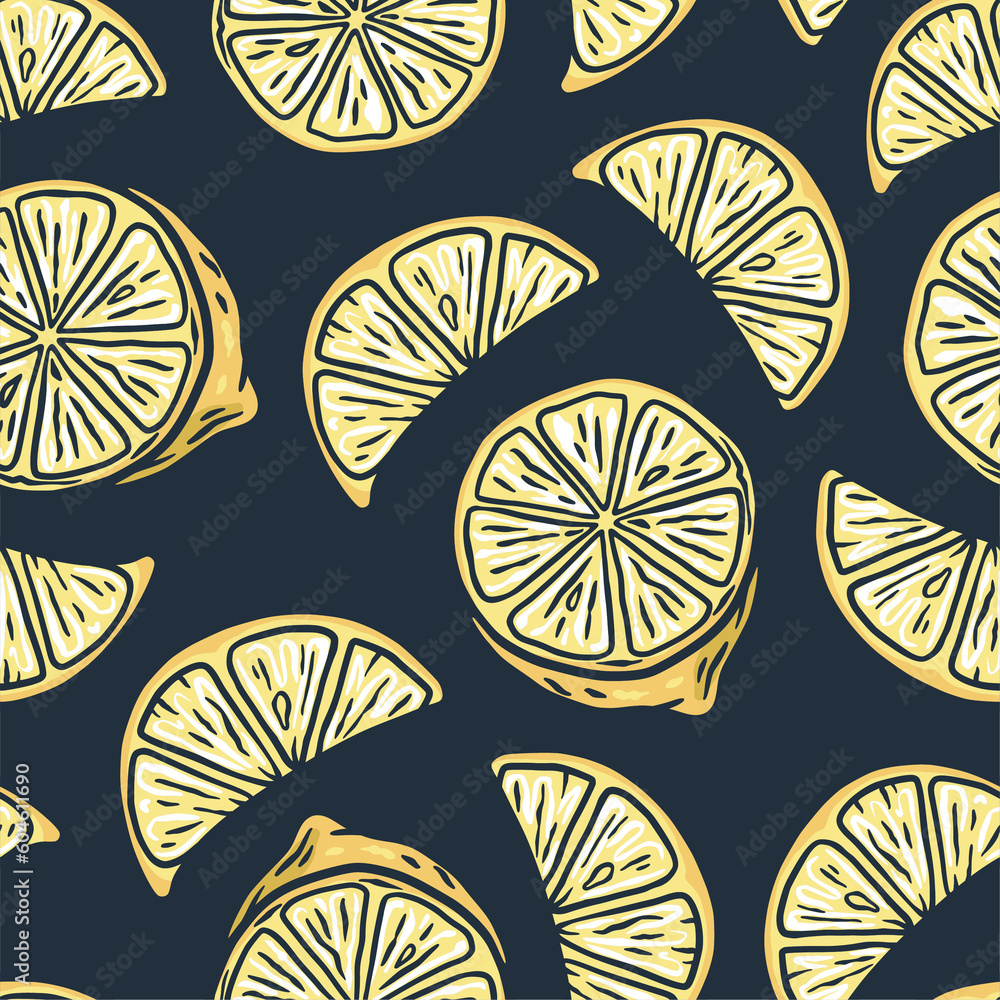 Summer exotic wallpaper with yellow lemons fruits. Seamless pattern with lemon Summer exotic wallpaper with yellow lemons fruits. Seamless pattern with lemon