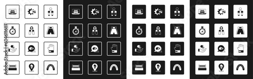Set Jump rope, Sport expander, Stopwatch, Boxing ring, short, Punch boxing glove, MMA and icon. Vector