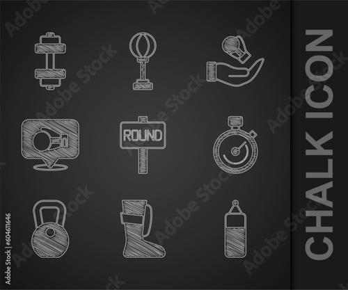 Set Boxing ring board, Sport boxing shoes, Punching bag, Stopwatch, Weight, glove, and Dumbbell icon. Vector