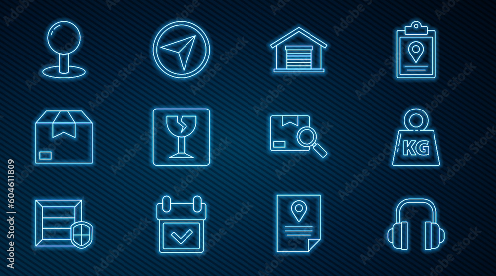 Set line Headphones, Weight, Warehouse, Fragile broken glass, Carton cardboard box, Push pin, Search package and Infographic of city map navigation icon. Vector Set line Headphones, Weight, Warehouse, Fragile broken glass, Carton cardboard box, Push pin, Search package and Infographic of city map navigation icon. Vector
