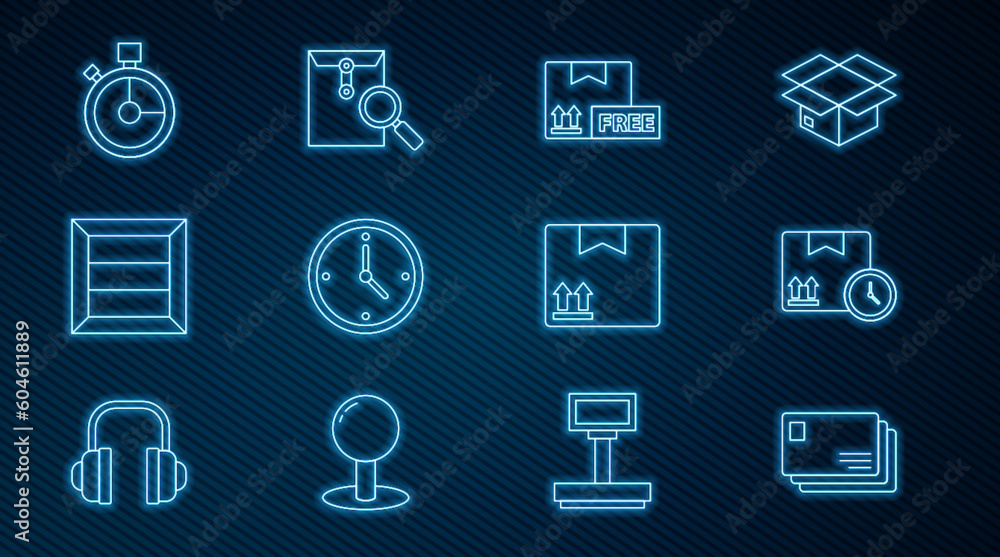 Set line Envelope, Cardboard box and fast time, with free symbol, Fast delivery, Wooden, traffic and magnifying glass icon. Vector Set line Envelope, Cardboard box and fast time, with free symbol, Fast delivery, Wooden, traffic and magnifying glass icon. Vector