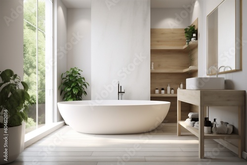 bathroom bathtub interior modern indoor architecture house home luxury wood white. Generative AI. © VICHIZH