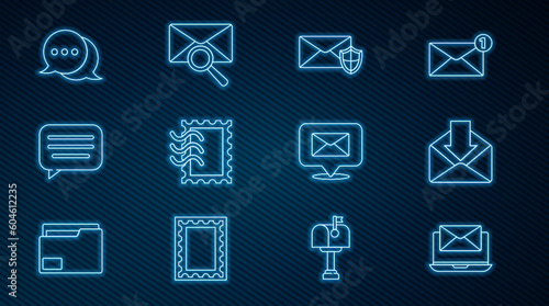 Set line Laptop with envelope  Envelope  shield  Postal stamp  Speech bubble chat  and magnifying glass icon. Vector
