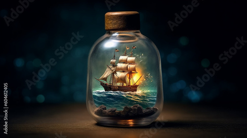 A small ship in a storm inside a bottle,Generative AI