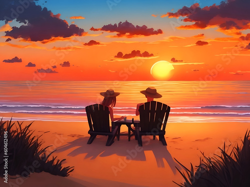 silhouette of a couple sitting on a chairs in the sunset