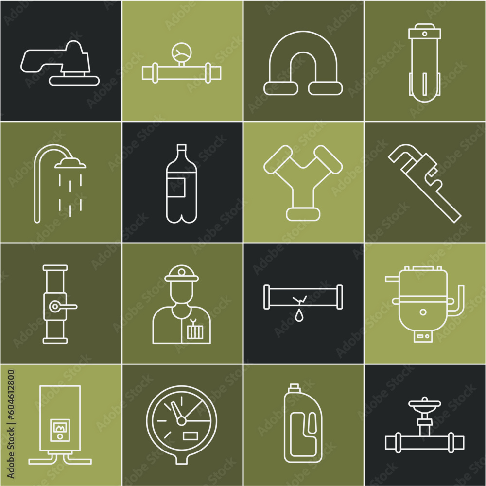 Set line Industry pipe and valve, Electric boiler for heating water, Pipe adjustable wrench, metallic, Bottle of, Shower, Water tap and icon. Vector Set line Industry pipe and valve, Electric boiler for heating water, Pipe adjustable wrench, metallic, Bottle of, Shower, Water tap and icon. Vector