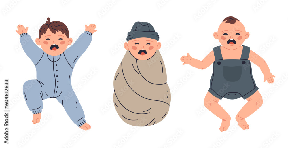Cute crying babies. Little crybaby boy and girl, toddler baby wearing ...