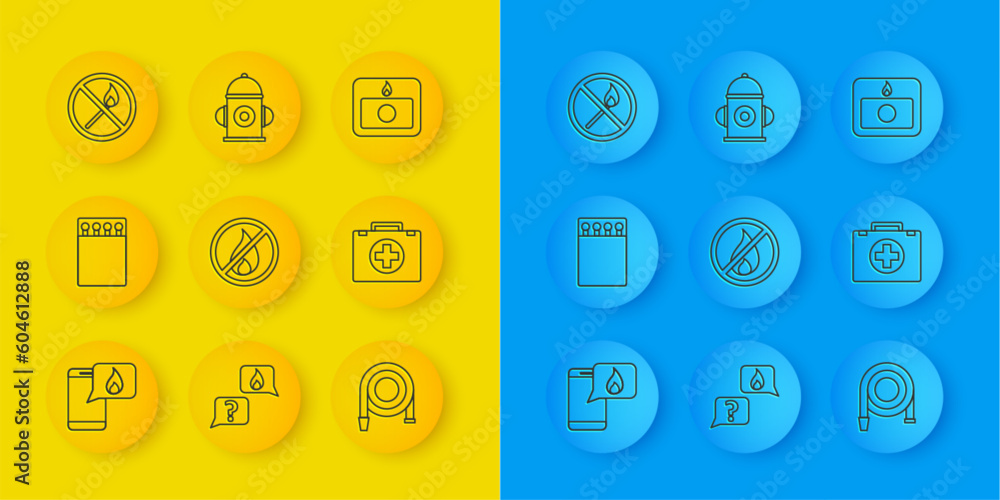 Set line Phone with emergency call 911, Open matchbox and matches, No fire, Fire hose reel, First aid kit, alarm system and hydrant icon. Vector Set line Phone with emergency call 911, Open matchbox and matches, No fire, Fire hose reel, First aid kit, alarm system and hydrant icon. Vector