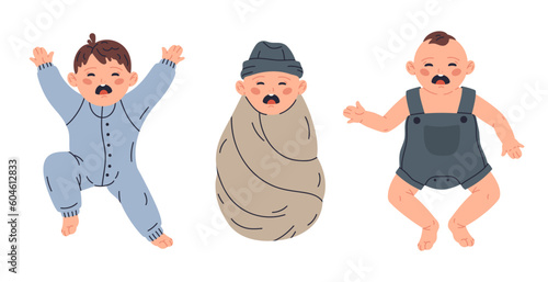 Cute crying babies. Little crybaby boy and girl, toddler baby wearing baby clothing. Crying weeper kids flat cartoon vector illustration set