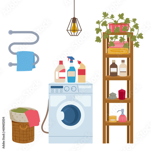 Bathroom interior. Decorated washroom, modern bathroom interior with washing machine flat vector background illustration