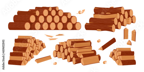 Firewood wooden logs. Cartoon stacked bonfire firewoods, bonfire wooden logs. Wood industry materials flat vector symbols illustration set