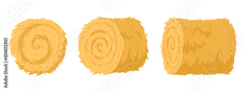 Rolled haycock. Agricultural straw stack, bale of hay from different angles. Rural haystack, dried farm haystack flat vector illustration set