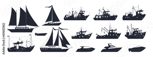 Ships silhouettes. Sea travel boats and sailboats, motorboats and fishing trawlers. Flat vector illustration collection