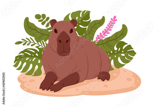 Wild capybara. Cartoon semi-aquatic herbivore in natural habitat. Mammal capybara flat vector illustration