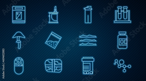 Set line Cannabis molecule, Medicine bottle and pills, Lighter, Plastic bag of drug, Psilocybin mushroom, Cigarettes pack box, Cocaine or heroin and Electronic cigarette icon. Vector