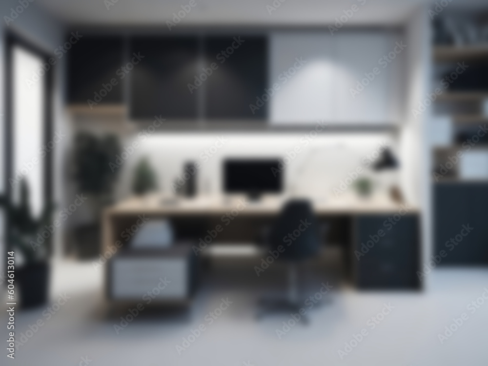 Fototapeta premium Blurred office workspace interior with modern style, workplace with cityscape, business presentation background, professional background, blurry background, ai generated