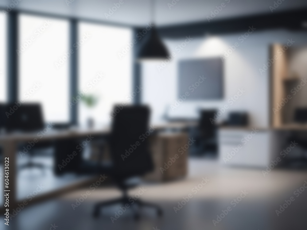 Blurred office workspace interior with modern style, workplace with cityscape, business presentation background, professional background, blurry background, ai generated Blurred office workspace interior with modern style, workplace with cityscape, business presentation background, professional background, blurry background, ai generated