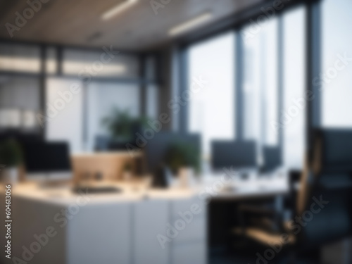 Blurred office workspace interior with modern style, workplace with cityscape, business presentation background, professional background, blurry background, ai generated