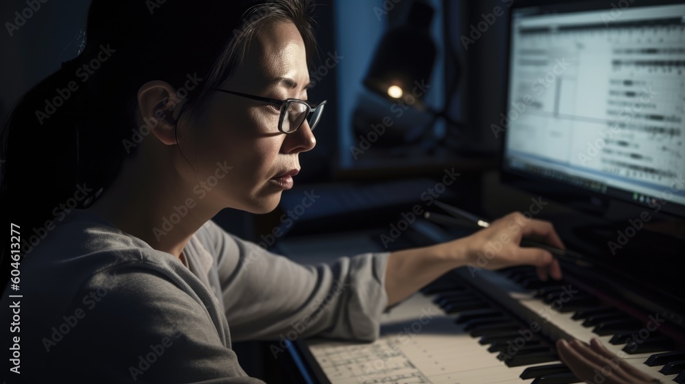 Music Composer Female Asian Middle-Aged Writing and arranging music scores for film, TV, or video games in Home studio. Generative AI AIG22. - obrazy, fototapety, plakaty 