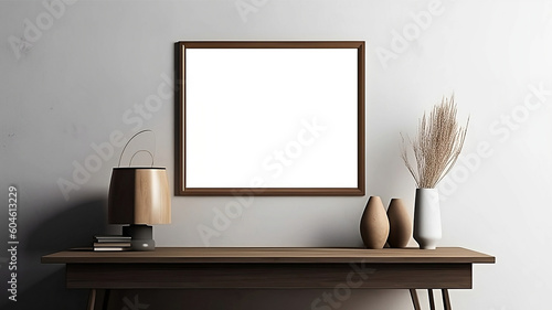 Wooden table with a mirror and vases on top, post-minimalism, minimalist. photo