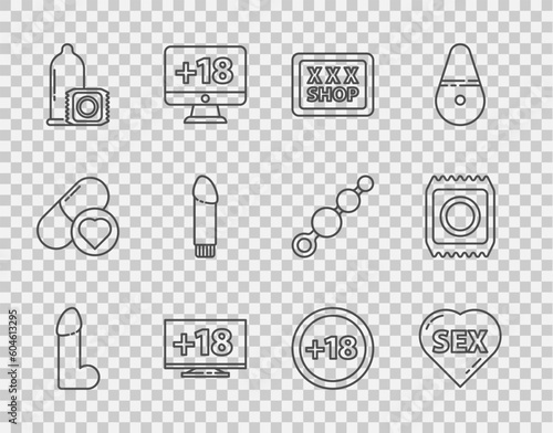Set line Dildo vibrator, Heart with text Sex, shop, Monitor 18 plus content, Condom, Plus movie and in package safe sex icon. Vector