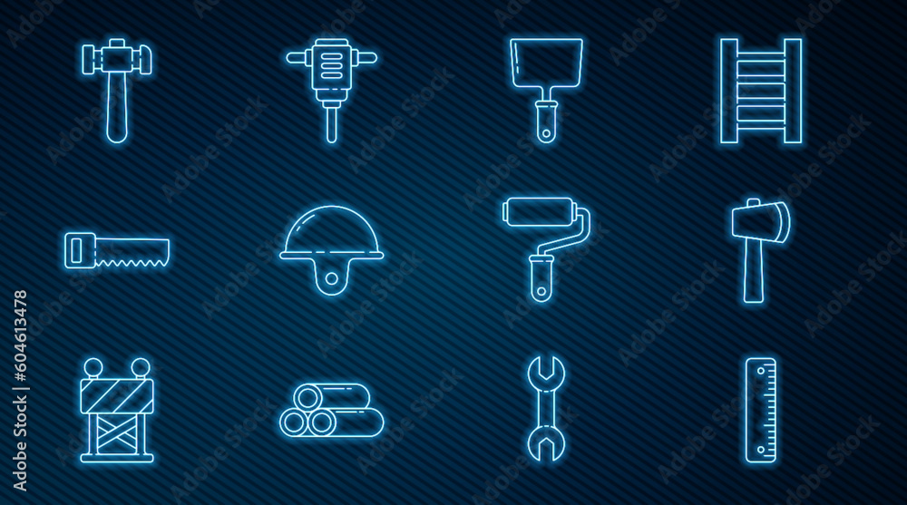 Set line Ruler, Wooden axe, Putty knife, Worker safety helmet, Hand saw, Hammer, Paint roller brush and Electric rotary hammer drill icon. Vector Set line Ruler, Wooden axe, Putty knife, Worker safety helmet, Hand saw, Hammer, Paint roller brush and Electric rotary hammer drill icon. Vector
