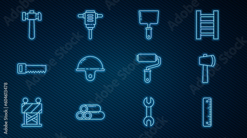 Set line Ruler, Wooden axe, Putty knife, Worker safety helmet, Hand saw, Hammer, Paint roller brush and Electric rotary hammer drill icon. Vector
