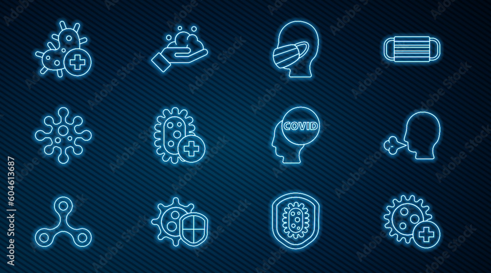 Set line Positive virus, Man coughing, Face medical protective mask, Virus, Corona covid-19 and Washing hands with soap icon. Vector
