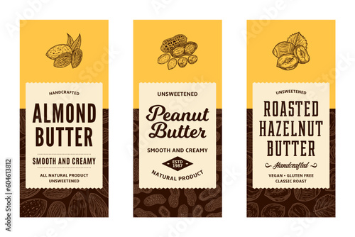 Peanut, almond and hazelnut butter labels in modern style. Vector nuts illustrations and patterns