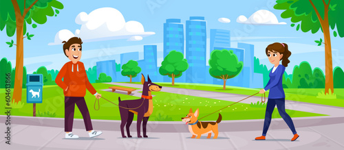 A man and a woman walking their dogs in a park in the summer meet. A pet owner leads a cute puppy on a leash outdoors. Landscape view of a dog friendly park. Cartoon vector illustration.