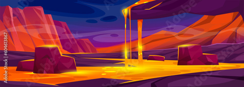 Landscape view of a lava flow with cracked ground. Background of a volcano eruption for a game-level design. A cave with magma flowing over a cliff, rocks, and stones. Cartoon vector illustration. © Microstocker.Pro