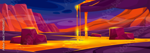 Landscape view of a lava flow with cracked ground. Background of a volcano eruption for a game-level design. A cave with magma flowing over a cliff, rocks, and stones. Cartoon vector illustration.