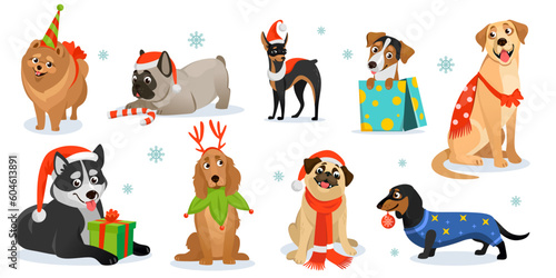 Set of cute Christmas and New Year dog characters isolated on white background. Husky, spaniel, pug, bulldog, dachshund, and retriever wearing Santa, elf, and deer costumes. Cartoon vector collection