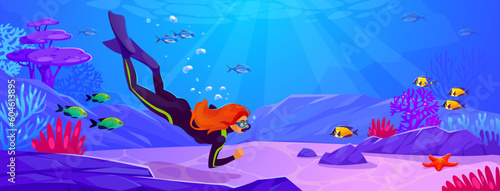 A woman diving with a snorkel, goggles and a swimsuit exploring the ocean. A female diver is swimming over a beautiful coral reef with tropical fish deep underwater. Cartoon vector illustration.