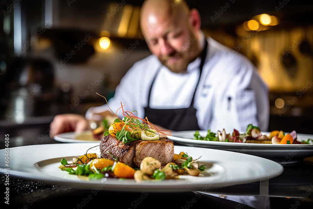 The Art of Culinary Perfection. The creativity and skill of a chef in a restaurant, showcasing a perfectly plated white dish with mouthwatering meat and fresh ingredients AI Generative