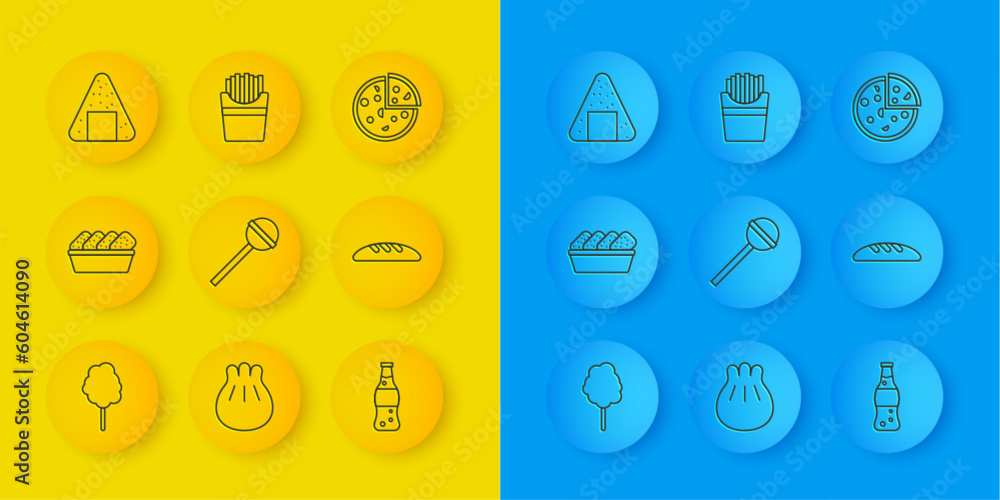 Set line Cotton candy, Chicken nuggets in box, Lollipop, Bottle of water, Bread loaf, Onigiri, Pizza and Potatoes french fries icon. Vector Set line Cotton candy, Chicken nuggets in box, Lollipop, Bottle of water, Bread loaf, Onigiri, Pizza and Potatoes french fries icon. Vector