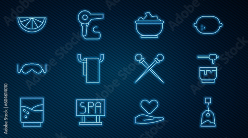 Set line Tea bag, Honey dipper stick and bowl, Sea salt in, Towel hanger, Eye sleep mask, Citrus fruit, Knitting needles and Hair dryer icon. Vector