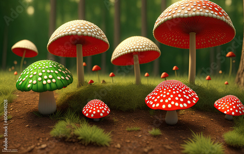 Fly Agaric in grass on a forest. Ai generated technology