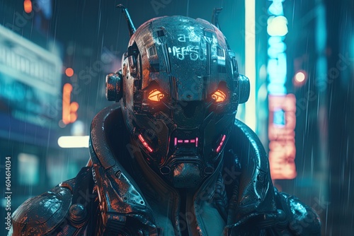 Mechanical futuristic science fiction mecha head with glowing eyes using generative AI 