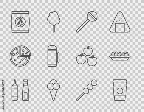 Set line Sauce bottle, Coffee cup to go, Lollipop, Ice cream in waffle cone, Hard bread chucks crackers, Thermos container, Meatballs wooden stick and Nachos plate icon. Vector